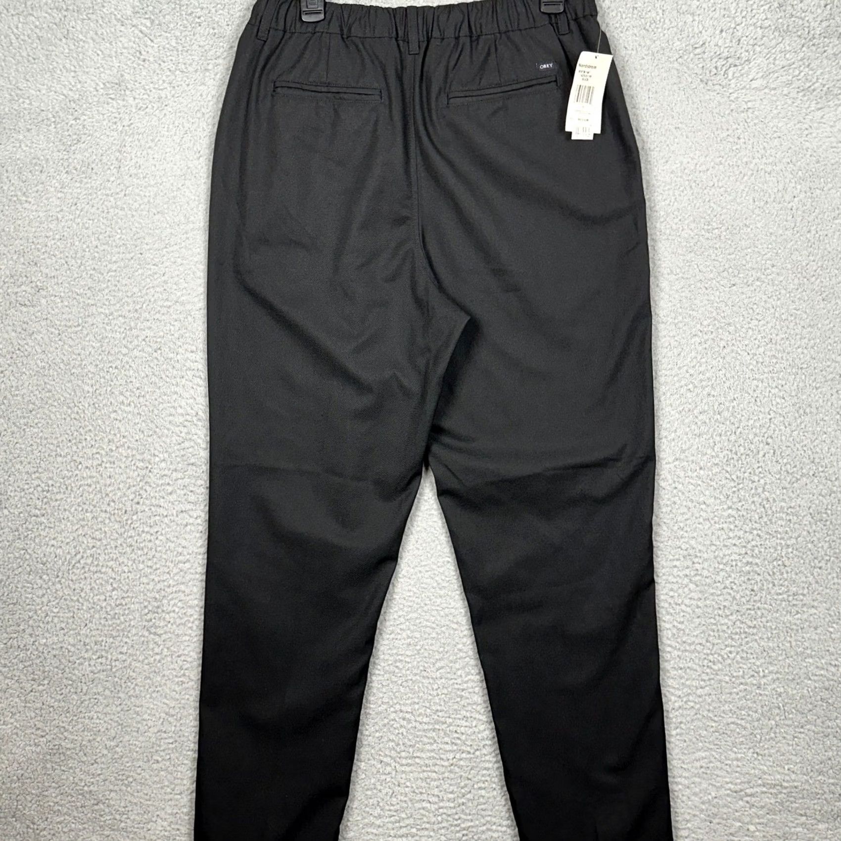 Obey VINTAGE? NO Obey Pants Mens M Black Chino Tapered Elastic Waist Drawstring Pockets Slant 30x29.5 Button Size US 30 / EU 46 - 2 Thumbnail