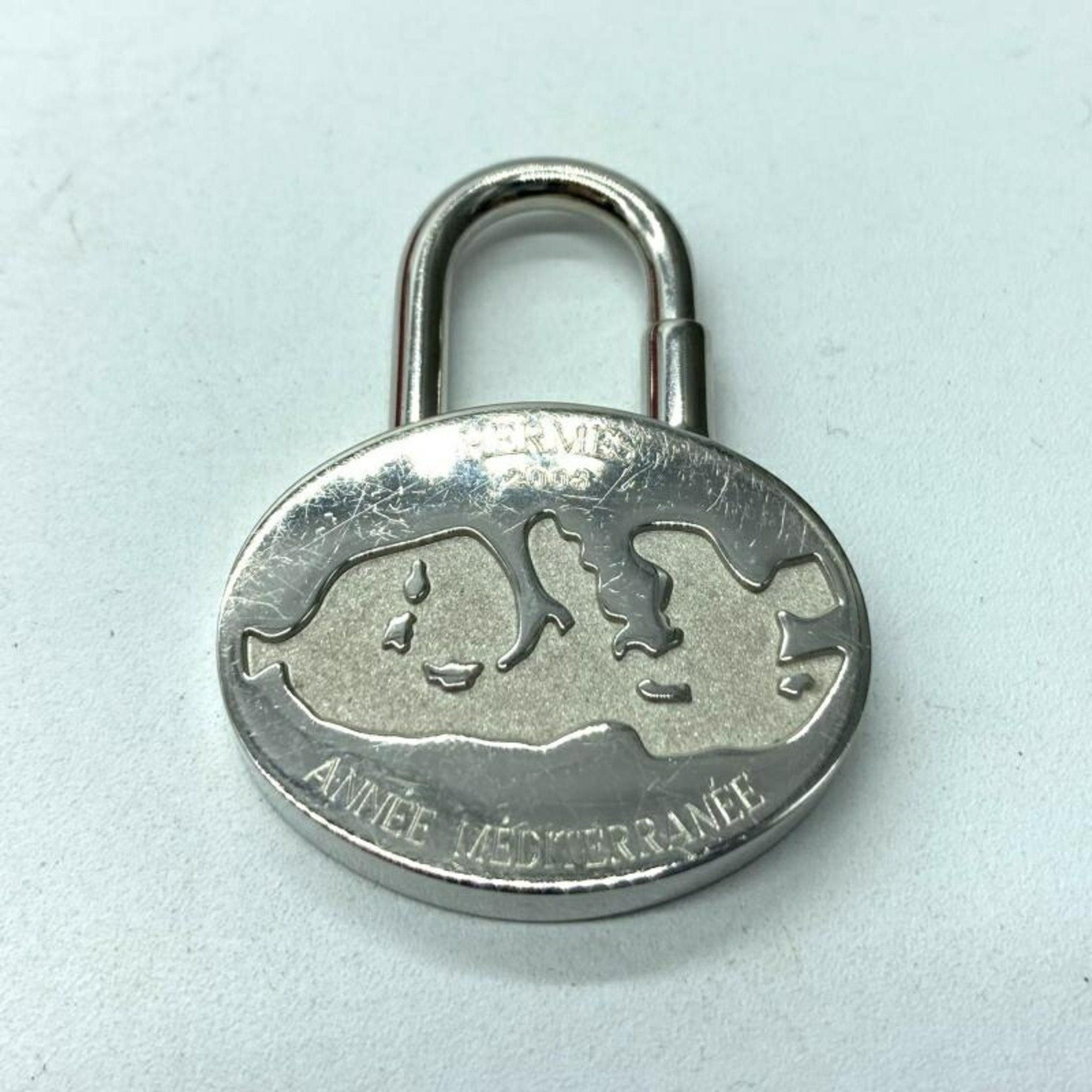 image of Hermes 2003 Padlock Mediterranean Motif Charm Keychain in Silver, Women's