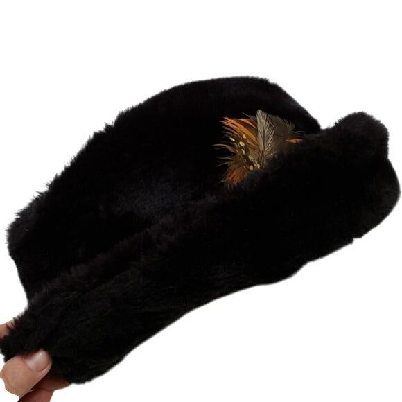 Vintage Vintage Cossack Hat Fedora Folded Hat Faux Fur Feather Size ONE SIZE - 2 Thumbnail