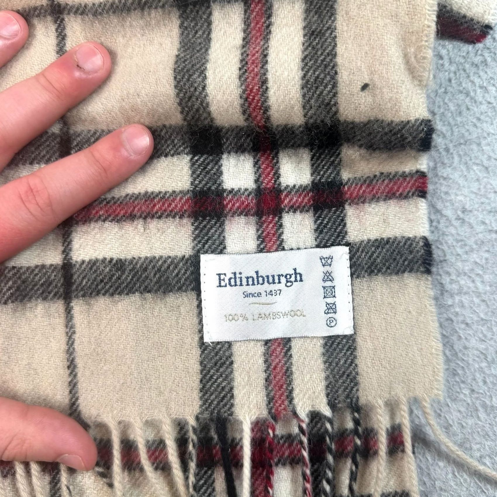 Vintage Edinburgh Scarf Men Beige Plaid Fringe Lambswool Wool Rectangle 63in 10.5in Preppy Classic Heritage Size ONE SIZE - 2 Thumbnail