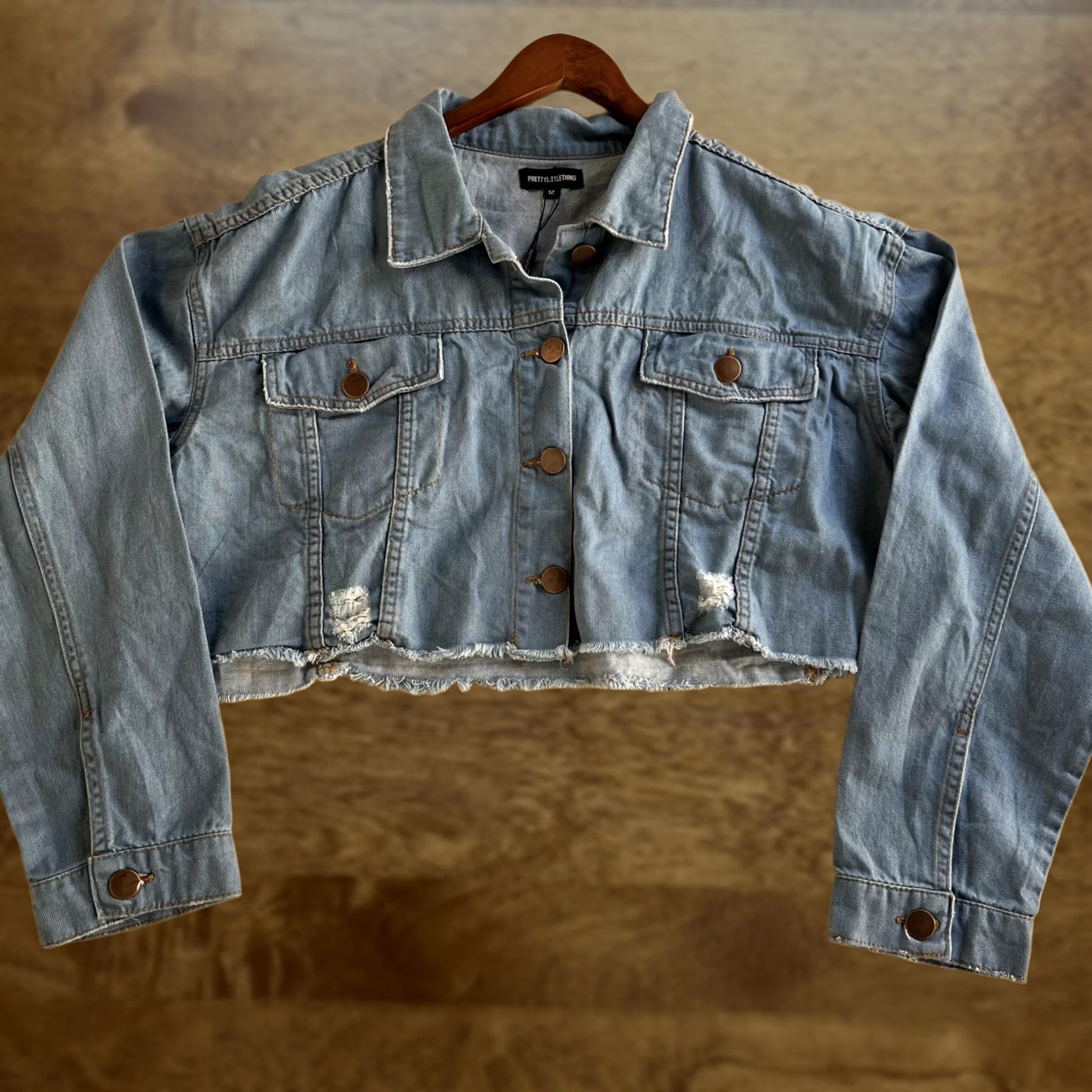 PrettyLittleThing PrettyLittleThing Jacket Womens 12 Petite Blue Denim Cropped Raw Hem Distressed Jacket Size XL / US 12-14 / IT 48-50 - 1 Thumbnail