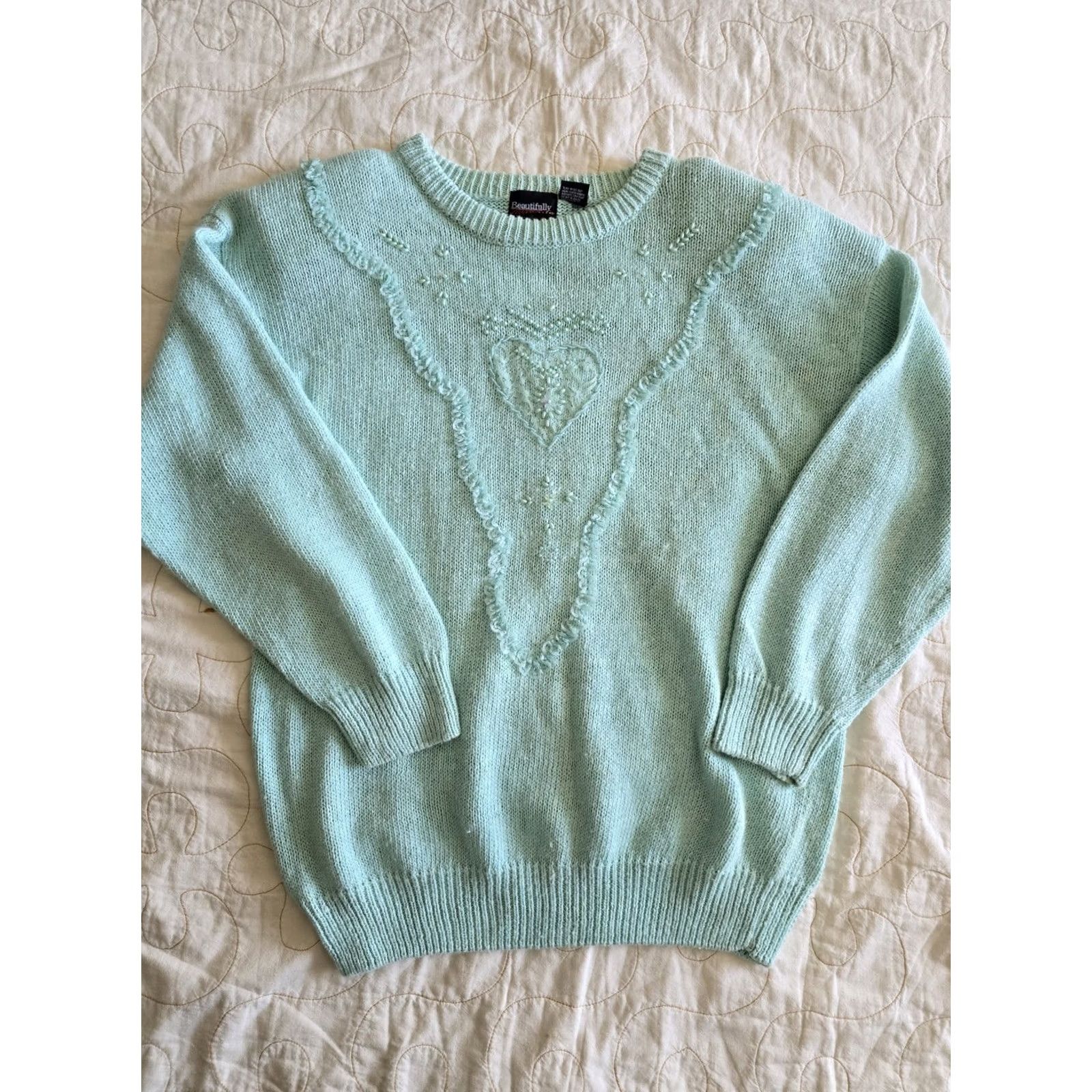 Vintage VINTAGE 80s Mint Green Beaded Heart Sweater Womens Medium Cottagecore Grandmacore Green 1980s Kitsch Teacher 1980s 1990s Size M / US 6-8 / IT 42-44 - 4 Thumbnail