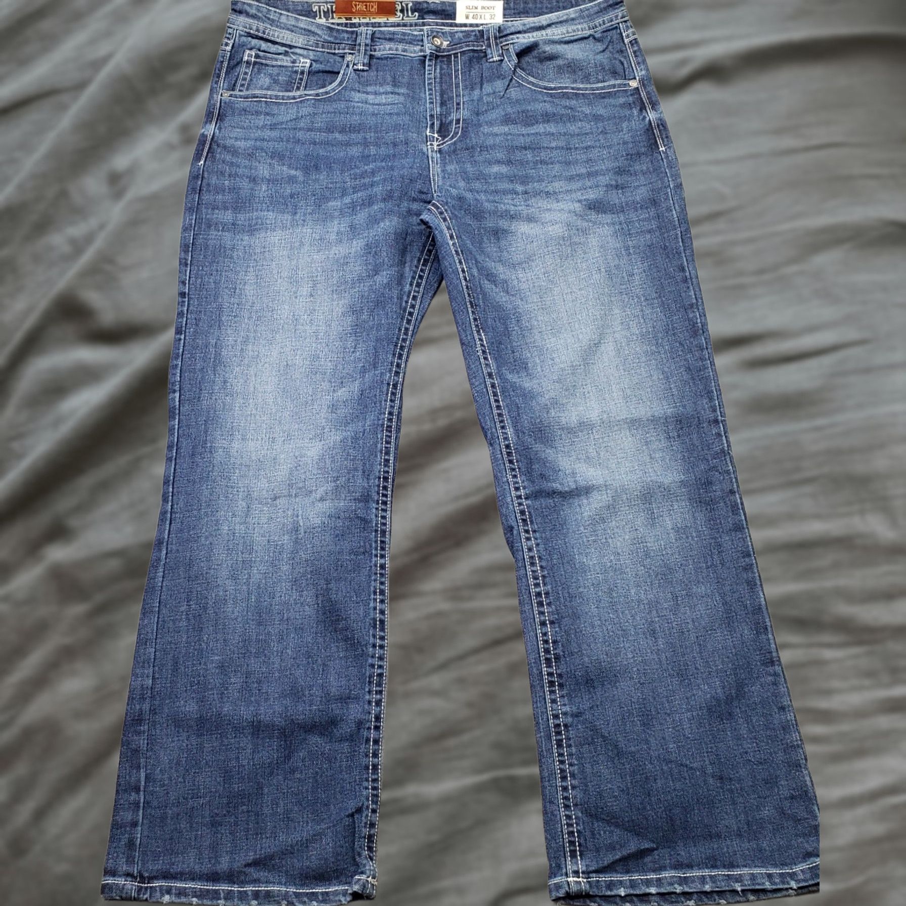 Denime Axel Jeans Men Bootcut Slim 40x32 Blue Denim Stretch Medium Wash White Stitch Size US 40 / EU 56 - 1 Thumbnail