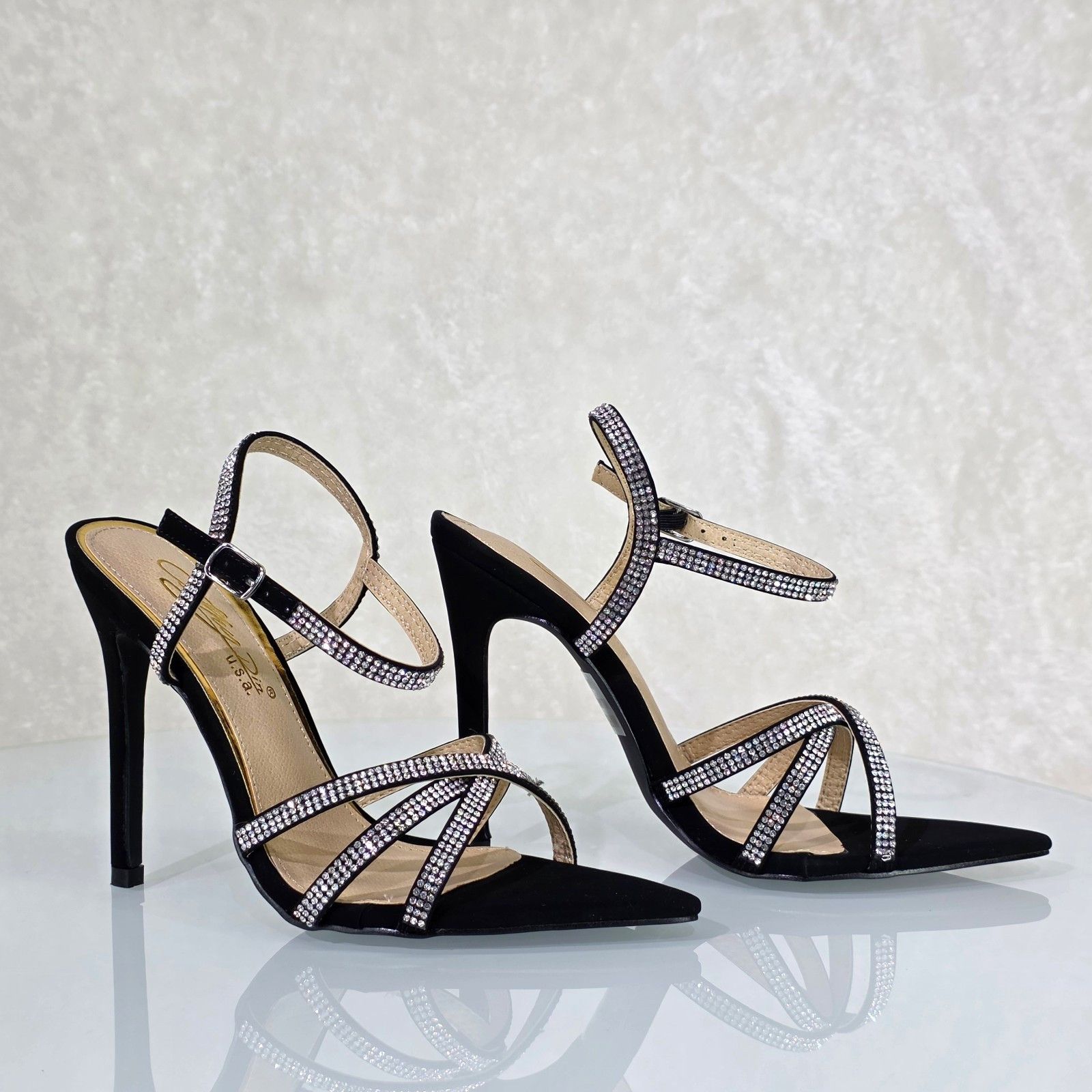 Other Marge Black Velvet Rhinestone Ankle Strap High Heels Evening Size US 5.5 / IT 35.5 - 5 Thumbnail