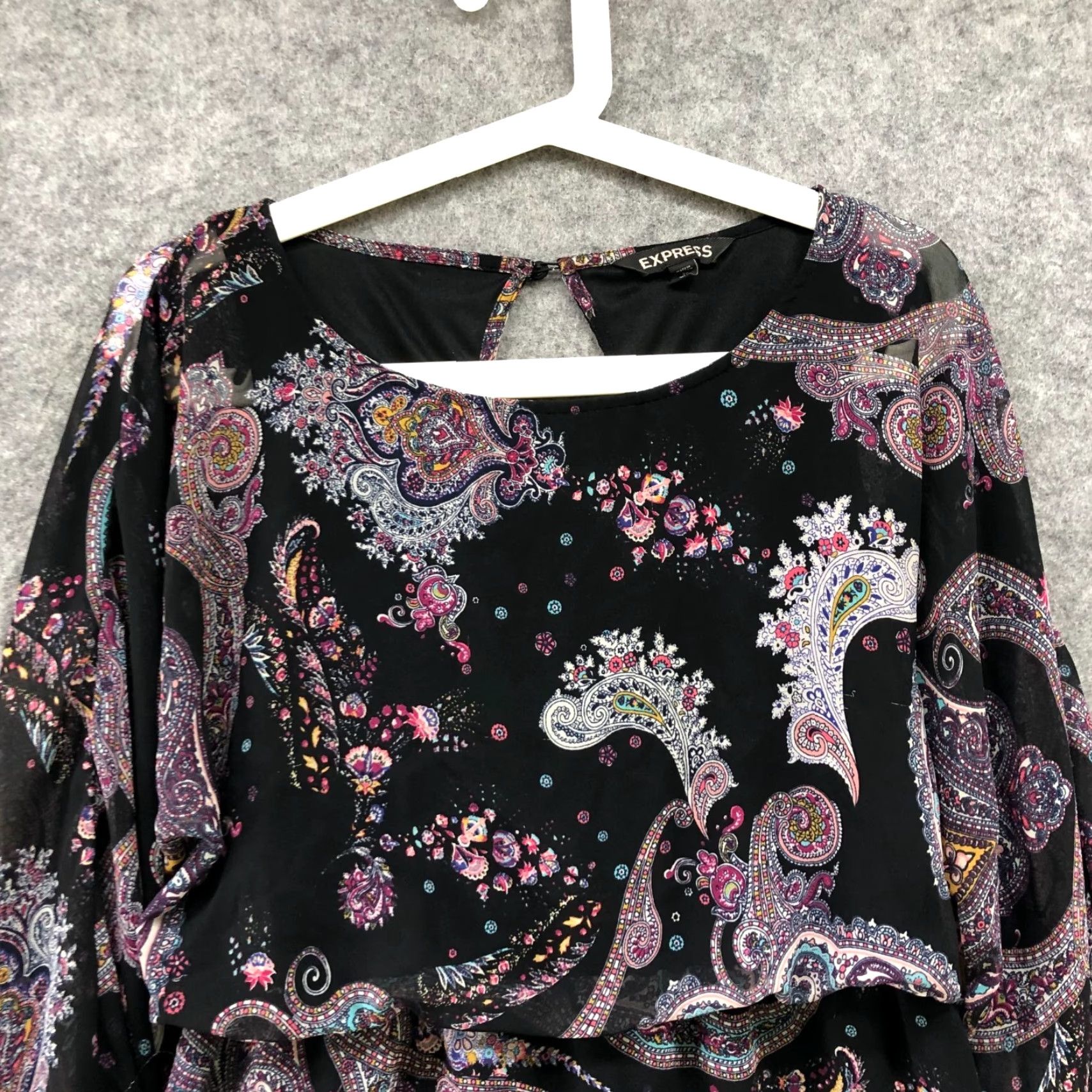 Express VINTAGE Express Purple Paisley Blouson Dress XS Chiffon 3/4 Sleeve Crew Neck Short Dress Womens Express" Size XS / US 0-2 / IT 36-38 - 3 Thumbnail