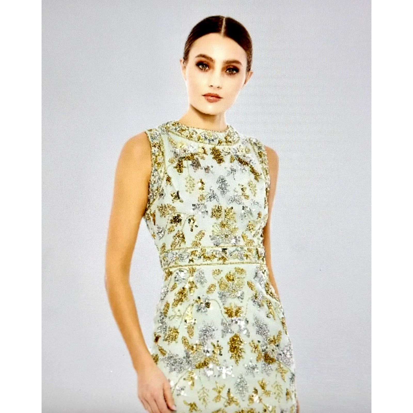 Other Mac Duggal Embellished High Neck Sheath Midi Dress Sage 14 Size XL / US 12-14 / IT 48-50 - 4 Thumbnail