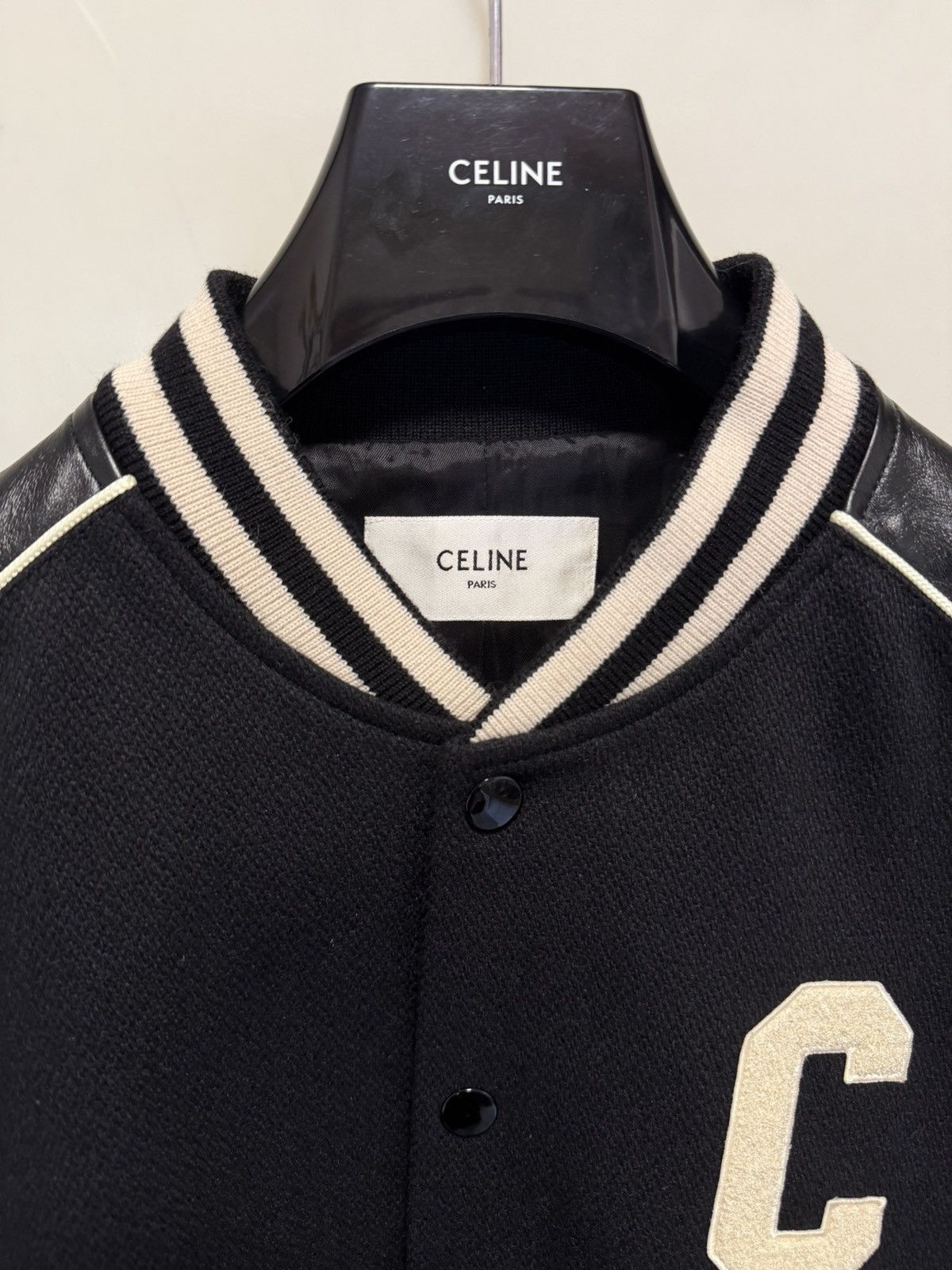 Celine NEW - FW21 Black C Patch Leather Sleeve Wool Teddy 54 Size US L / EU 52-54 / 3 - 5 Thumbnail