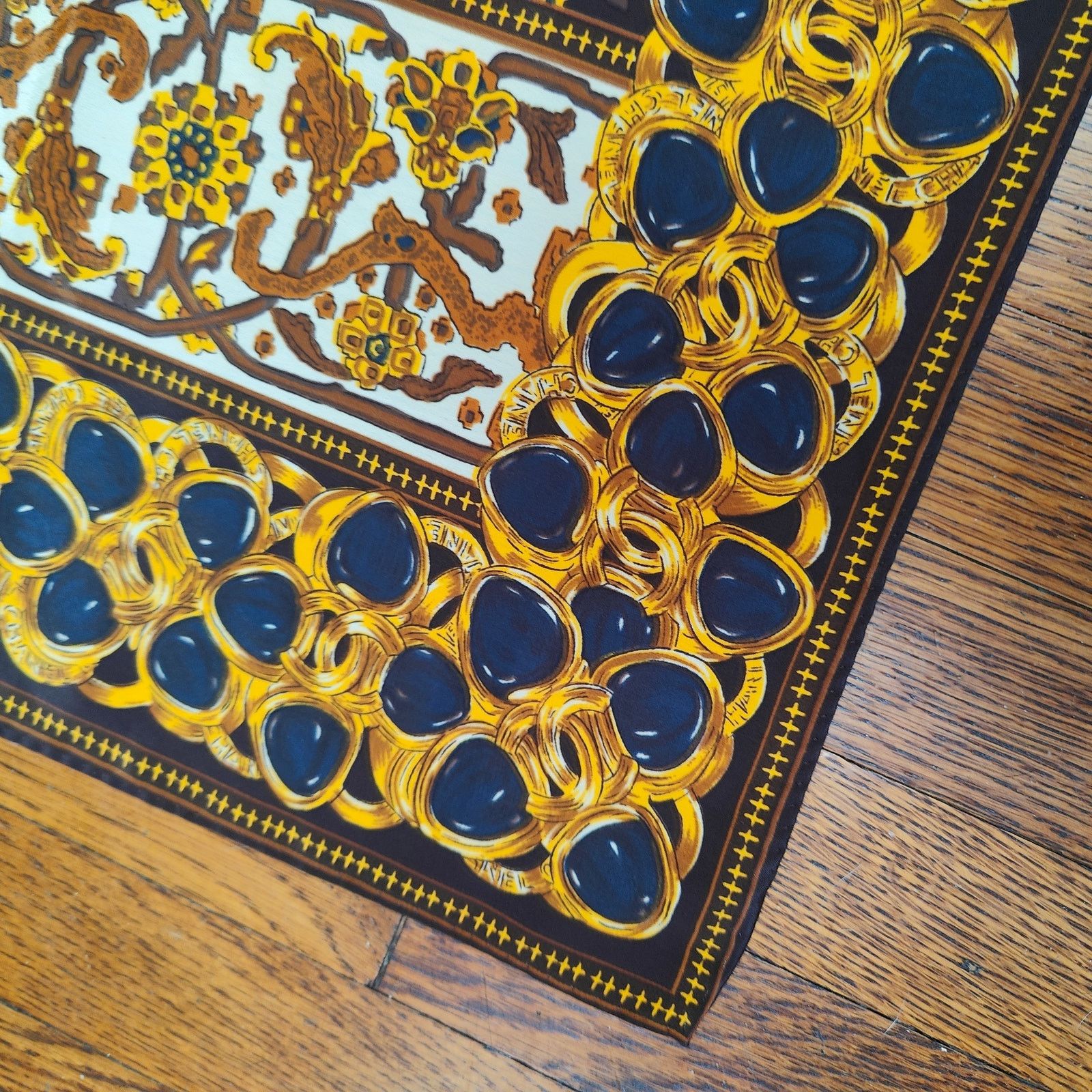 Other Vintage Chanel Silk Scarf Floral Medallion Rings Black Gold Size ONE SIZE - 4 Thumbnail