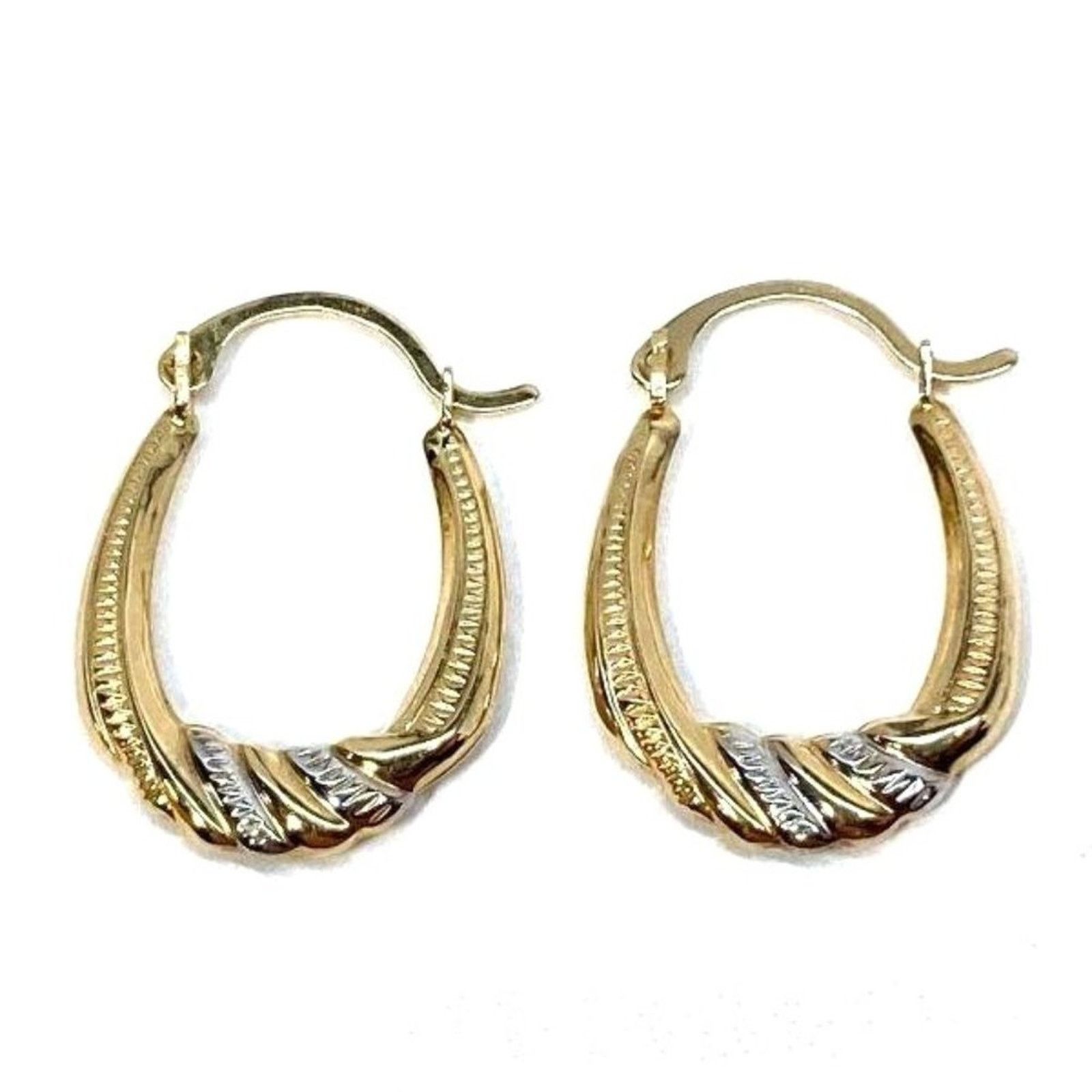 Vintage 14K Two Tone Gold Corrugated Oval Twist Hoop Earrings Size ONE SIZE - 1 Thumbnail