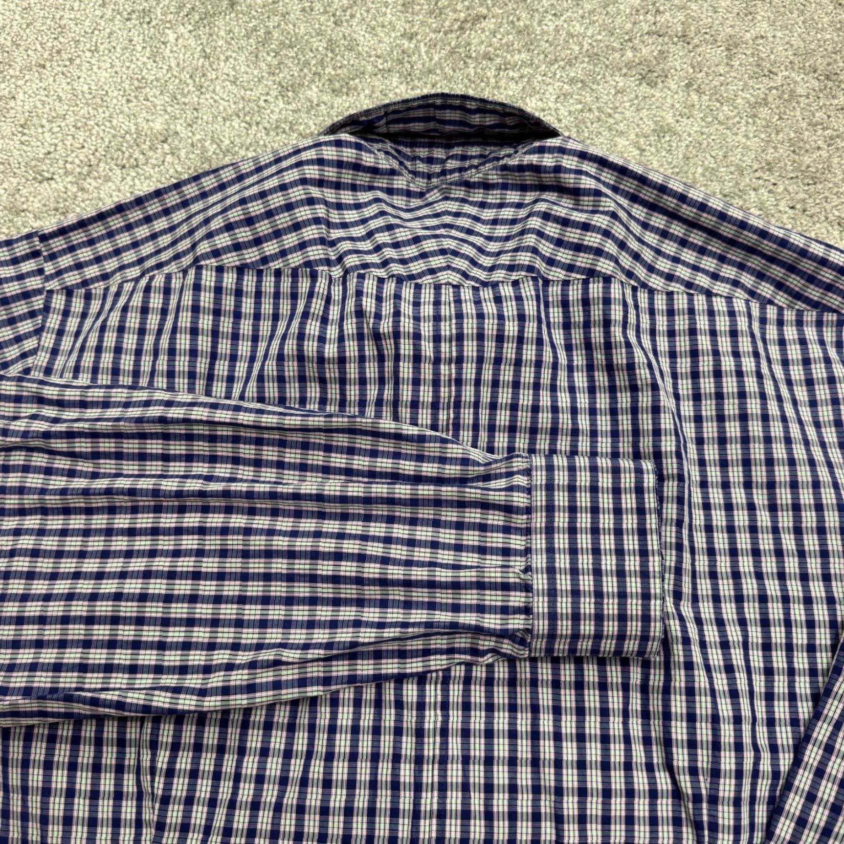 Pinko VINTAGE Thomas Pink Mens Dress Shirt Button-Up Slim Fit Long Sleeve Collared Cotton Plaid Blue Purple Green 44cm Size 44R - 4 Thumbnail
