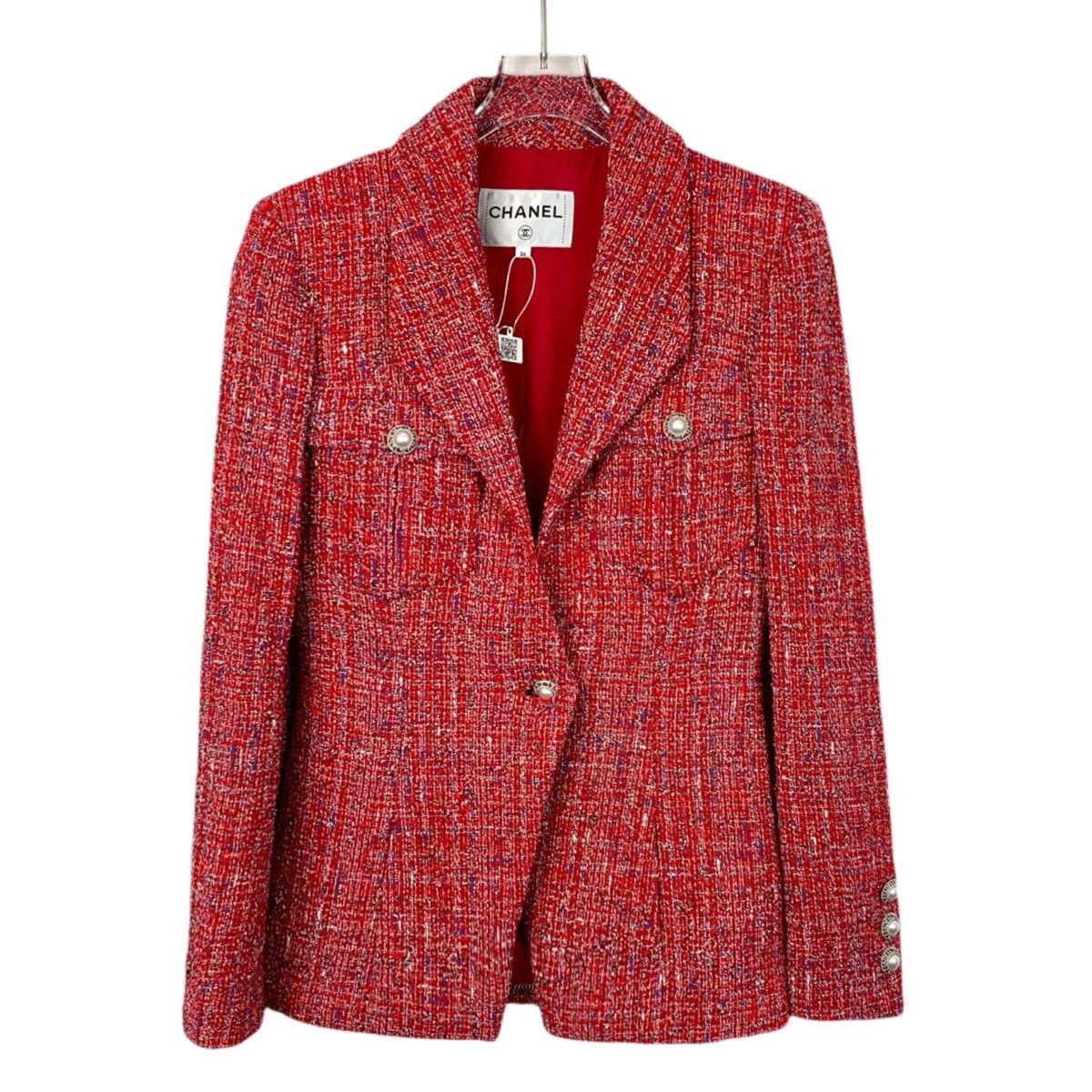Chanel Chanel Red Pearl Button Cotton Lapel Tweed Woven Jacket Size XS / US 0-2 / IT 36-38 - 1 Thumbnail