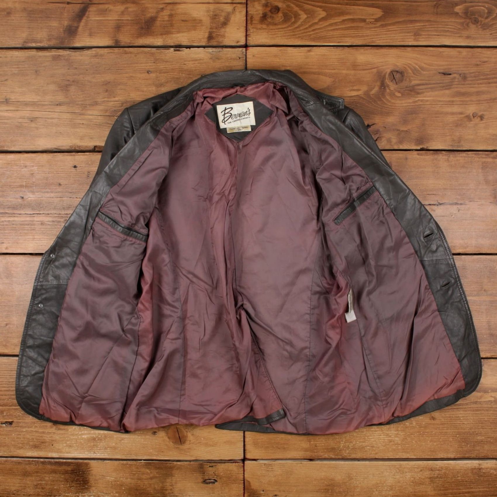 Ben Sherman VINTAGE Bermans Leather Blazer Jacket Mens 44 Grey Lined Button Front 80s Pockets Retro Jacket Size 44R - 5 Thumbnail