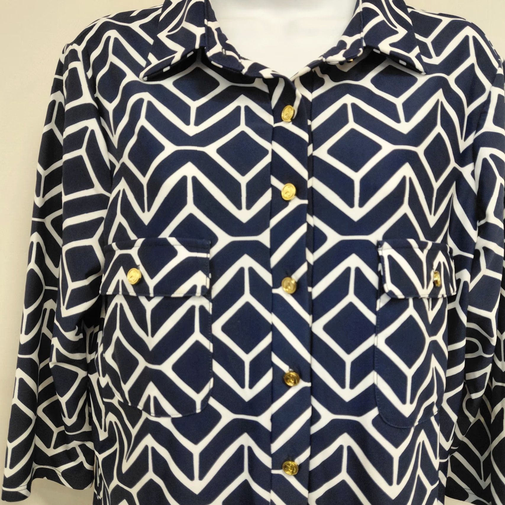 Vintage Jude Connally Shirt Dress Women's Large Blue/White Geometric Button Knit 3/4 Sleeve Knee Length VINTAGE? No, not vintage. Size L / US 10 / IT 46 - 7 Thumbnail