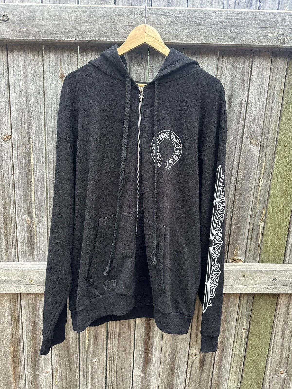 Image of Chrome Hearts Horse Shoe Floral Sleeve Hoodie in Black, Men's (Size XL)