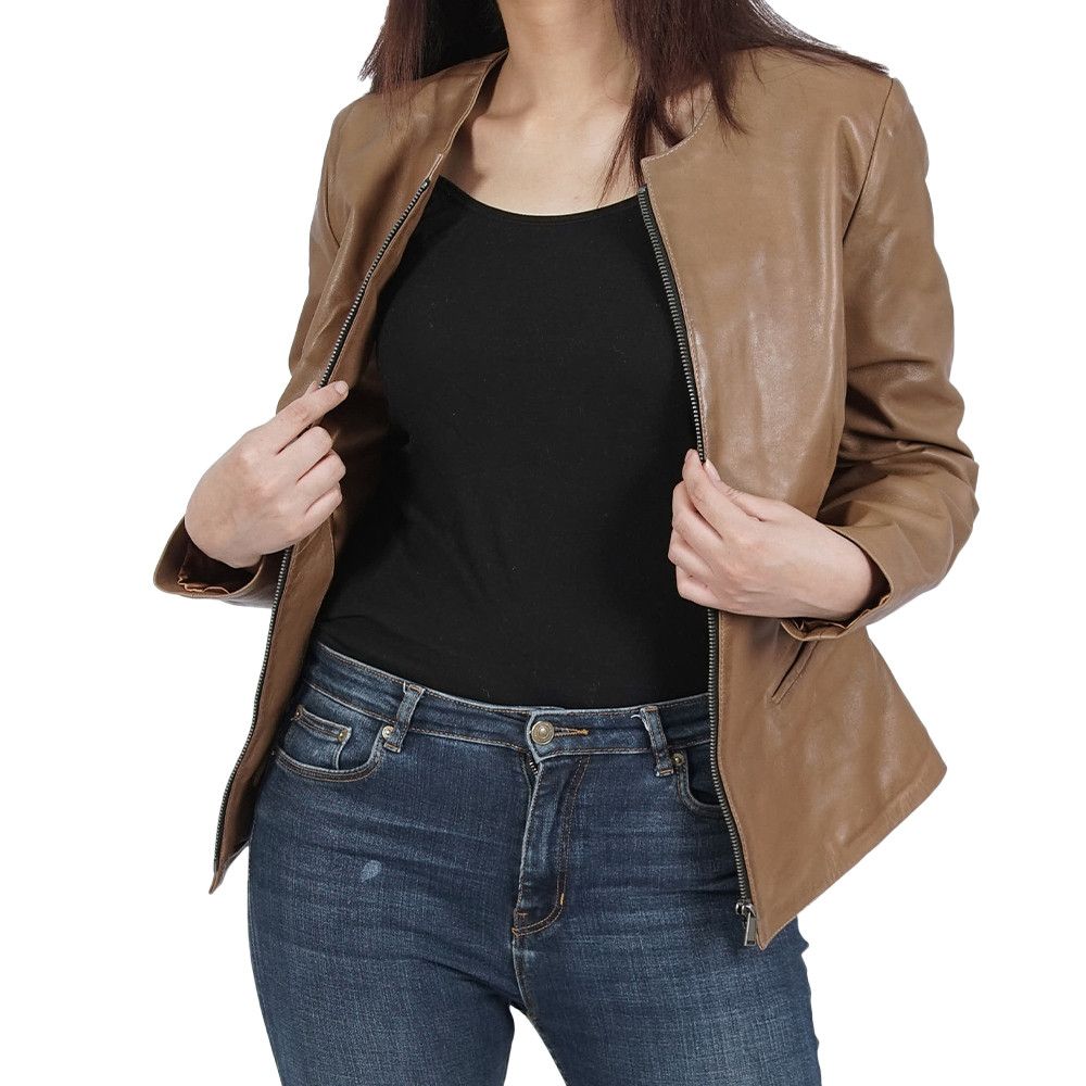 image of Swag Collarless Brown Leather Jacket, Women's (Size Medium)