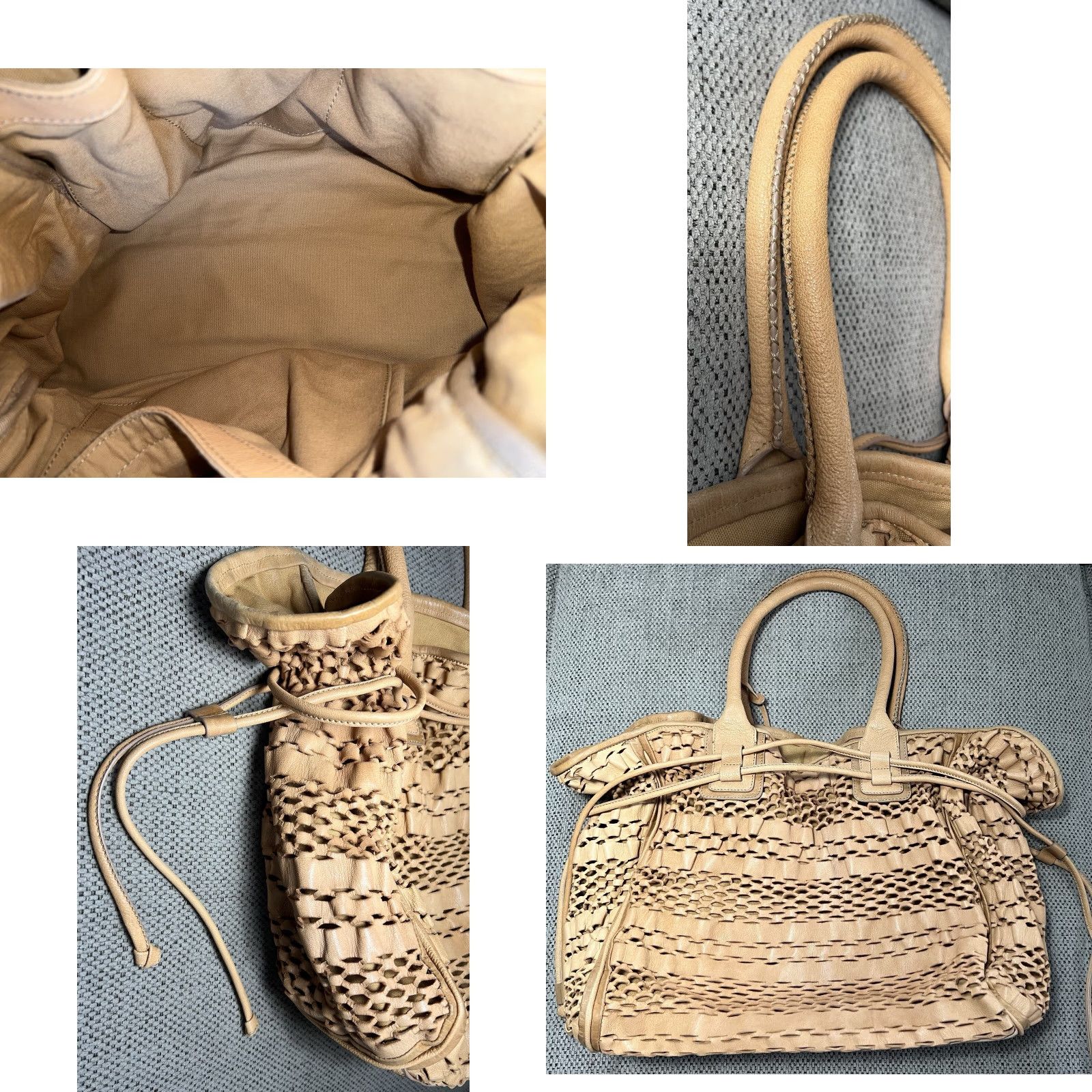 Jean Paul Gaultier NICE! Jean Paul Gaultier Tan Leather Netting Bucket Bag Shoulder Bag Women Large Beige Canvas Lining Bag Charm 14” tall 15” wide 5” deep 9” strap drop Size 36" / US 14 / IT 50 - 8 Thumbnail