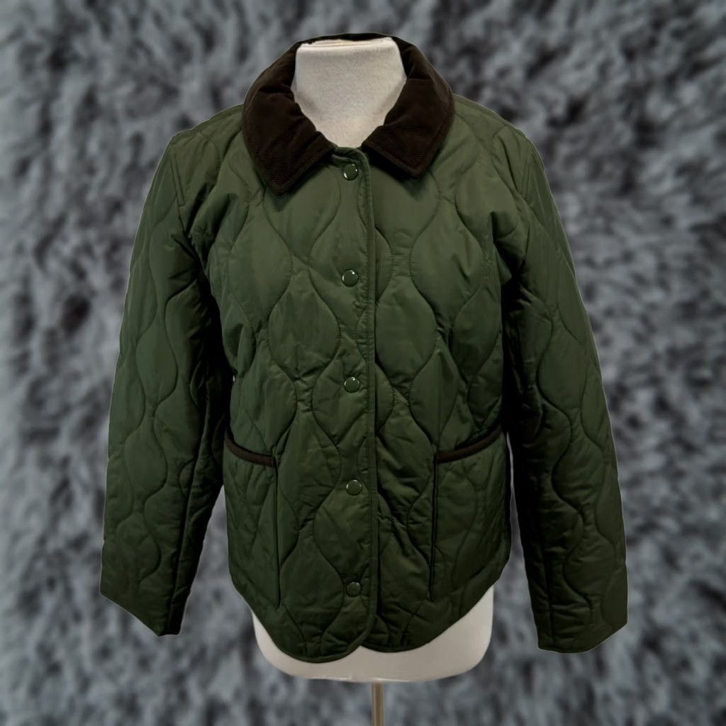 J.Crew J.Crew Jacket Women's L Green Quilted Barn Coat Corduroy Collar Snap Preppy Jacket/Coat Short Sleeve Adaptive: None Size L / US 10 / IT 46 - 1 Thumbnail