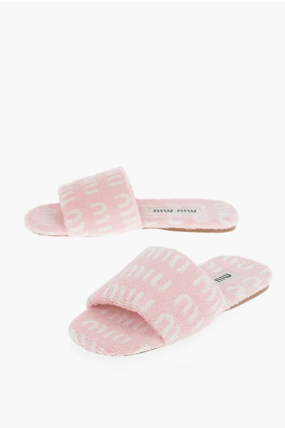 image of Miu Miu Cuir Sole Monogram Terry Sliders in Pink, Women's (Size 10)