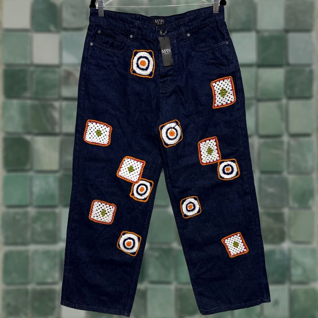 Vintage BoohooMAN Jeans Baggy Fit Crochet Denim Indigo Mens 34x30 NWT Dark Wash Cotton Wide-Leg Relaxed Inseam 30" Button Closure Jeans Mens Size US 34 / EU 50 - 1 Thumbnail