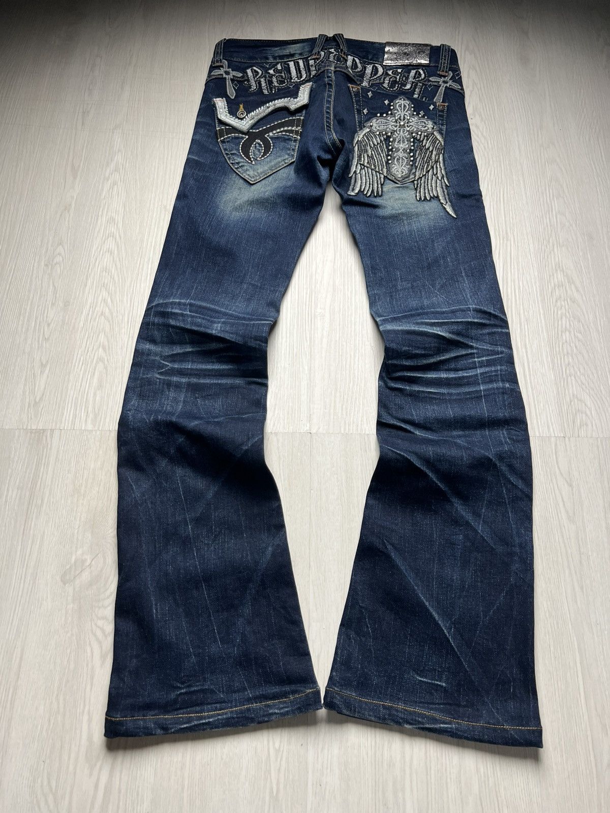 Red Pepper Whiskered Embroidered Cross Bootcut Flared Jeans