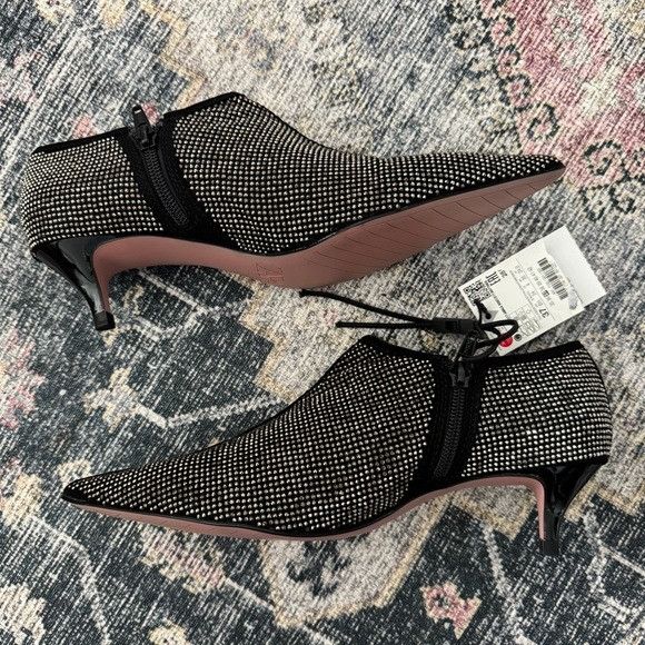 Zara Zara Black Textile Silver Rhinestone Kitten Heel Ankle Booti Size US 7 / IT 37 - 8 Thumbnail