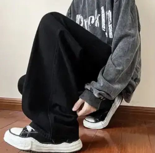Japanese Brand Black Color Straight Baggy Denim Pants Size US 31 - 3 Thumbnail