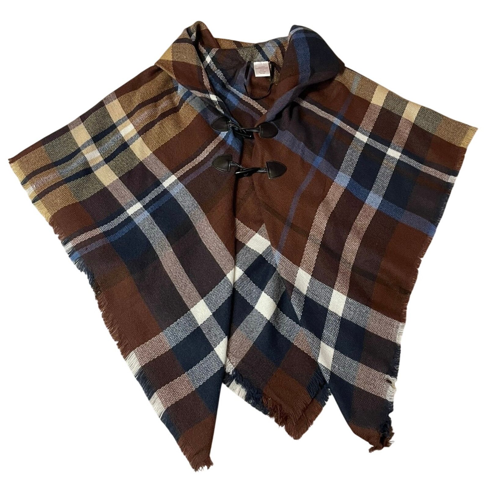 Other Plaid Cozy Brown Blue Frog Loop Poncho Shawl One Size Size ONE SIZE - 1 Thumbnail