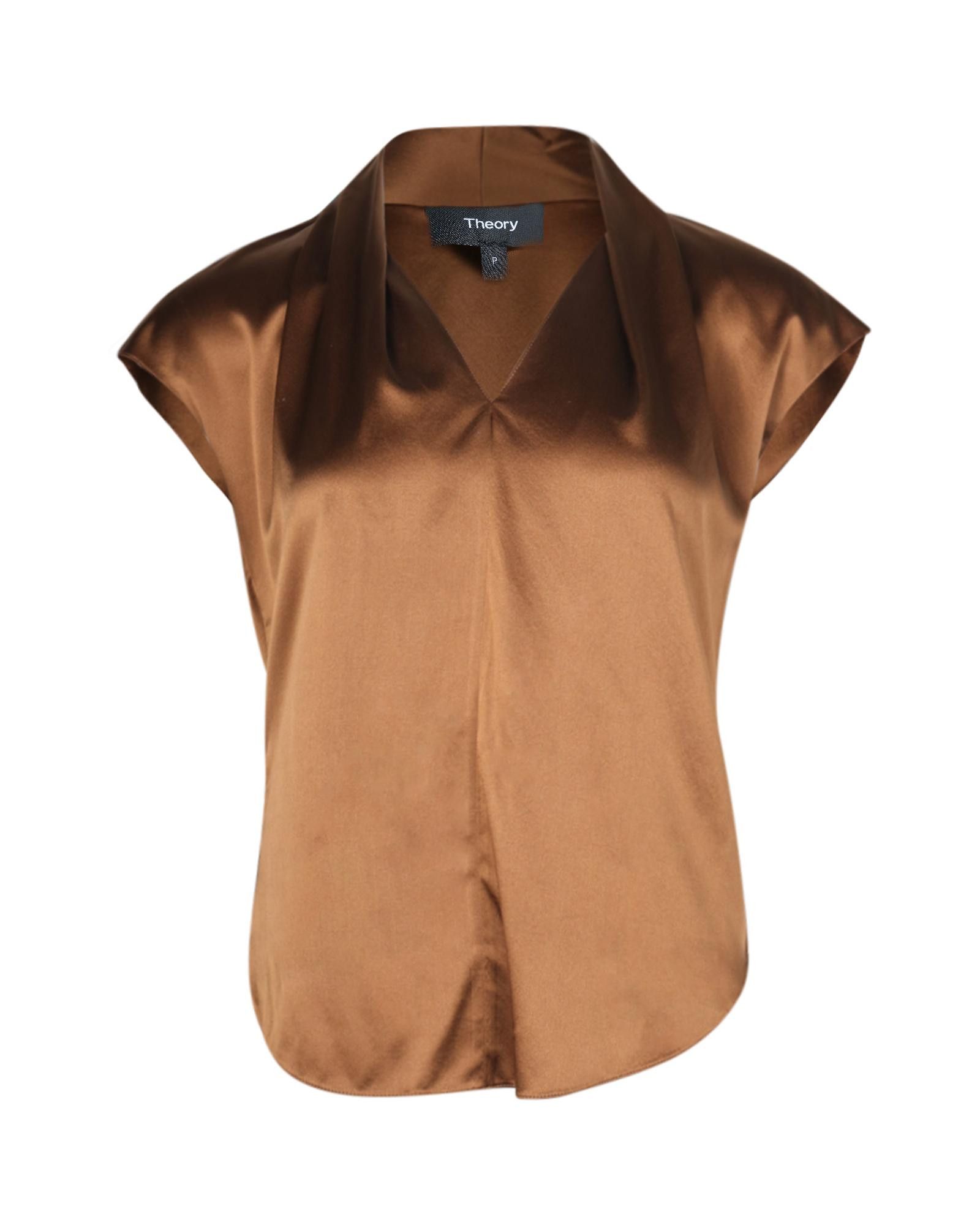 image of Draped-Neck Cap-Sleeve Silk Top In Brown By Theory, Women's (Size XS)