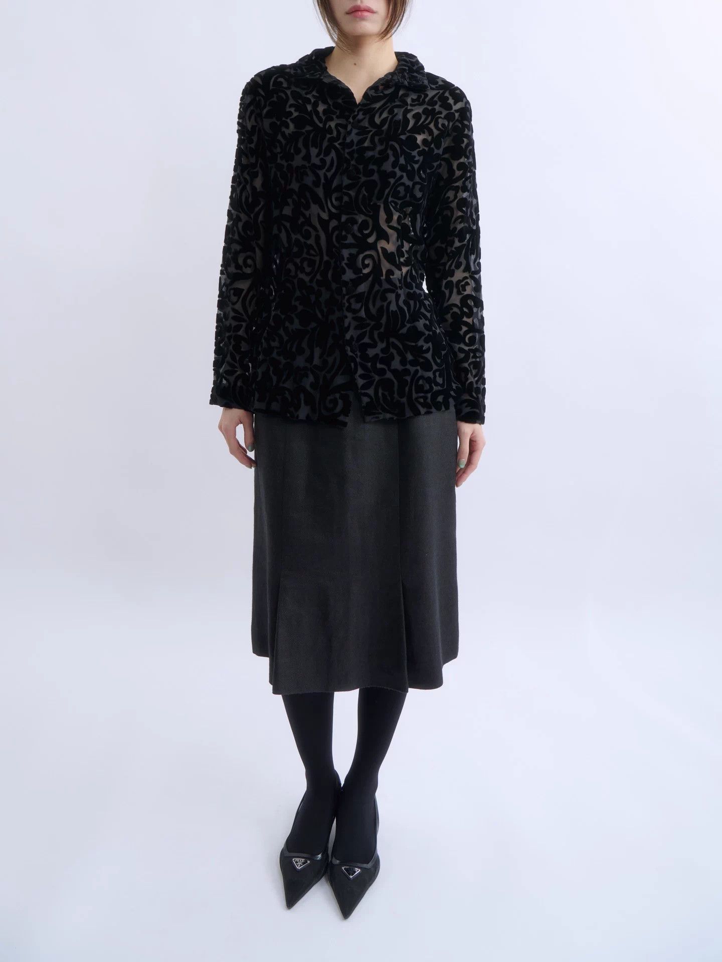Romeo Gigli ROMEO GIGLI 90s Black Flocked Sheer Velvet High Neck Top NWT Size S / US 4 / IT 40 - 3 Thumbnail