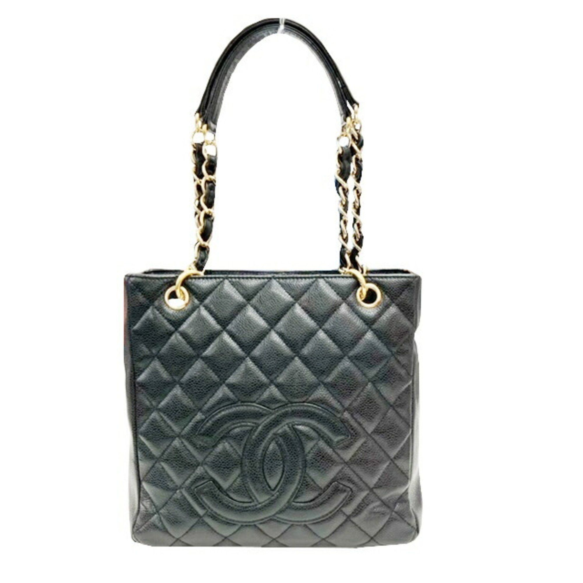 Chanel Chain Tote Bag Pst Caviar Skin Black Coco Mark 1 2009 Women's