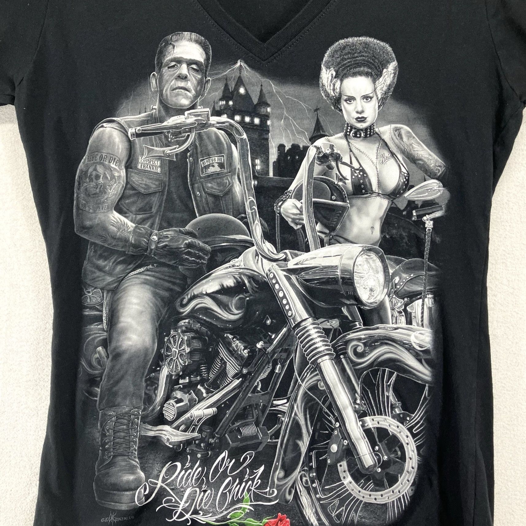 Vintage Ride or Die Chic Women's T-Shirt Biker Frankenstein Graphic V-Neck Short Cap Sleeve Medium Black Cotton Vintage No Size M / US 6-8 / IT 42-44 - 3 Thumbnail
