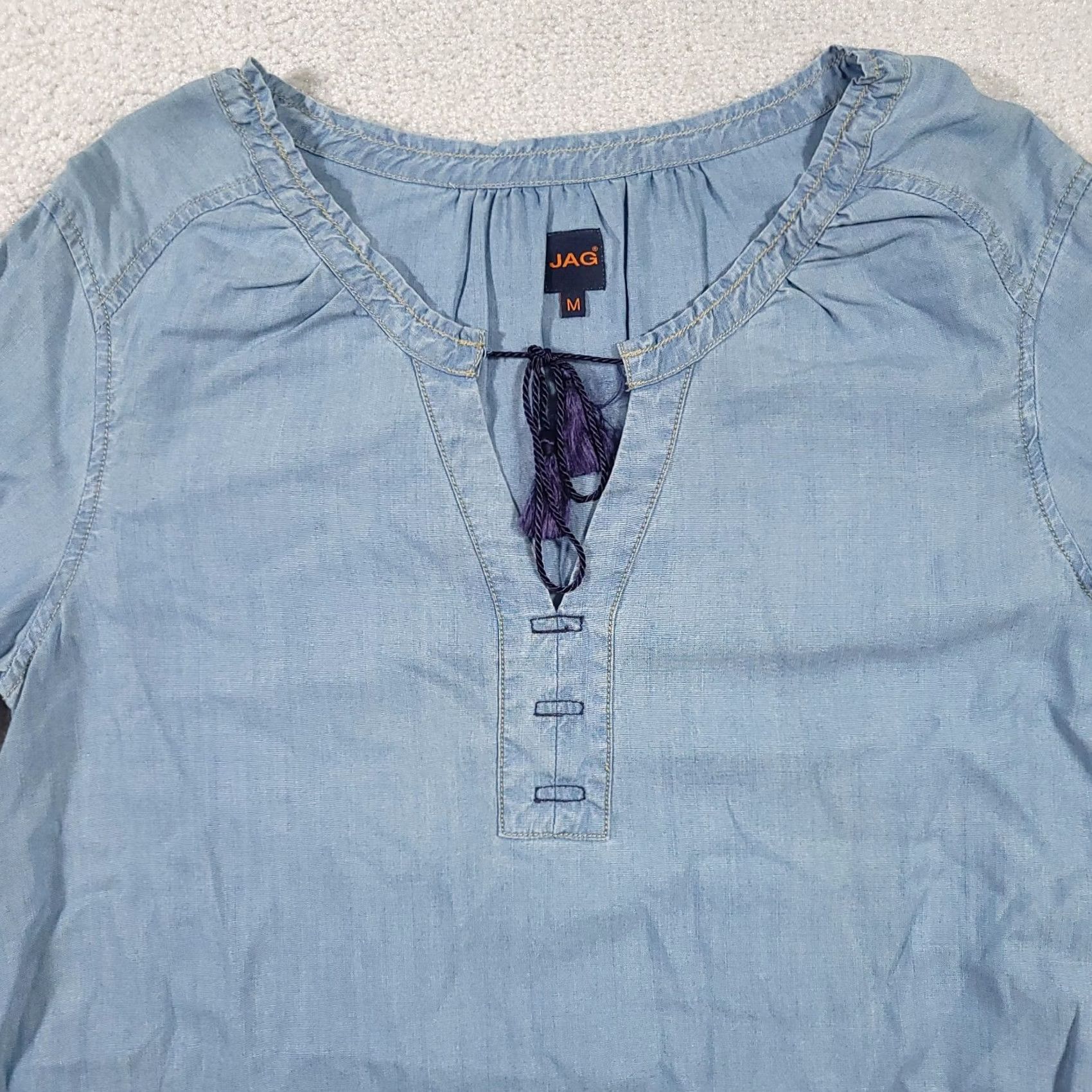 Vintage JAG Chambray Tassled V-Neck Long Sleeve Shirt Womens Medium Blue Size M / US 6-8 / IT 42-44 - 3 Thumbnail