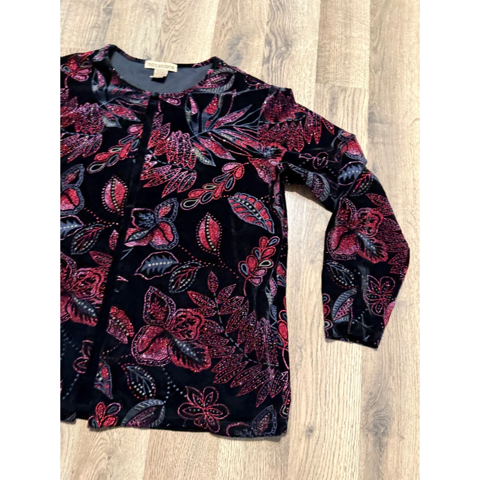 Vintage Notations Blouse Womens XL Black Pink Floral Sparkle One Button Long Sleeve Size XL / US 12-14 / IT 48-50 - 4 Thumbnail
