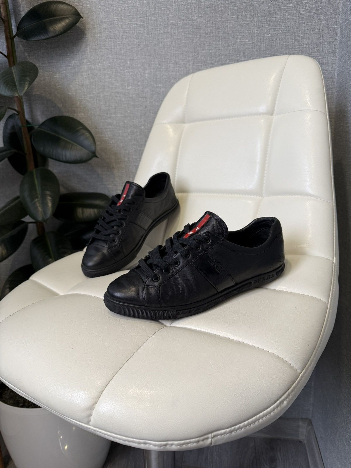 Prada Prada Black Leather Low-Top Sneakers with Red Stripe Logo Size US 7 / IT 37 - 1 Thumbnail
