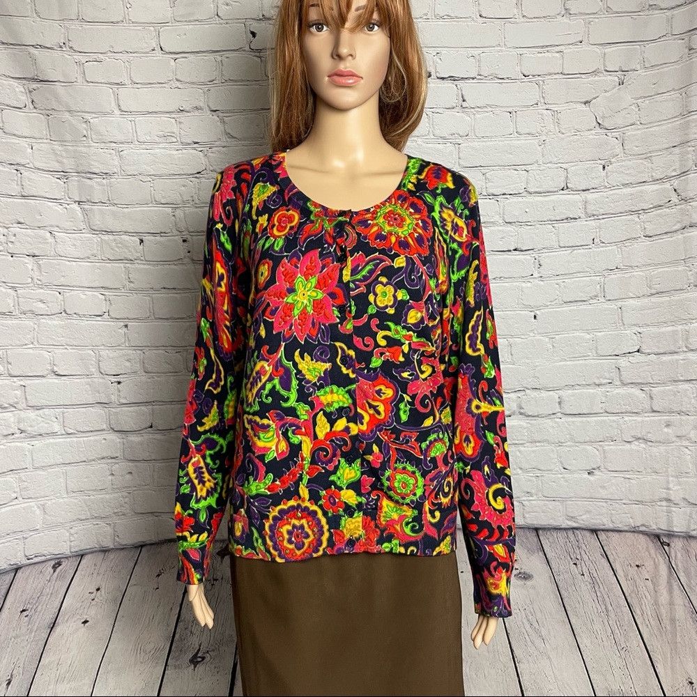 Talbots TALBOTS Floral Rayon Cotton Cardigan Sweater Size L Petite Size L / US 10 / IT 46 - 1 Thumbnail