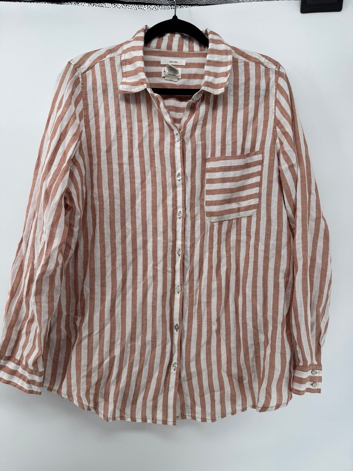 Nicole Miller Nikole Miller Linen Blend Tan and White Stripped Button-Dow Size L / US 10 / IT 46 - 2 Thumbnail