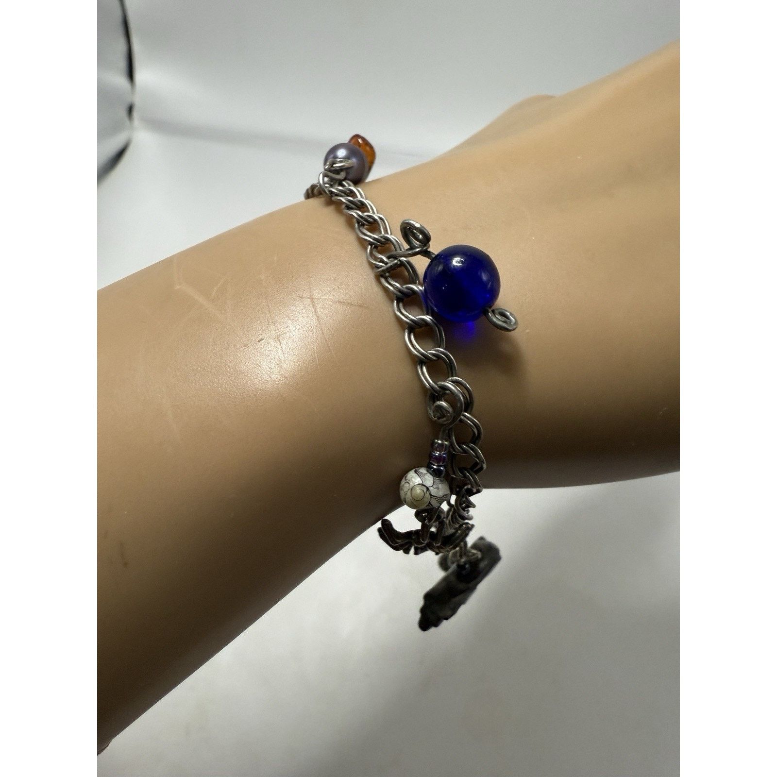 Sterling Silver Signed 925 Sterling Silver Charm & Beaded Bracelet 6.75” Size ONE SIZE - 6 Thumbnail