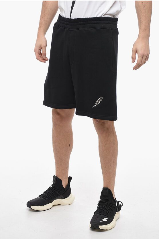 image of Neil Barrett Brushed Cotton Shorts With Embroidered Logo in Black, Men's (Size 31)