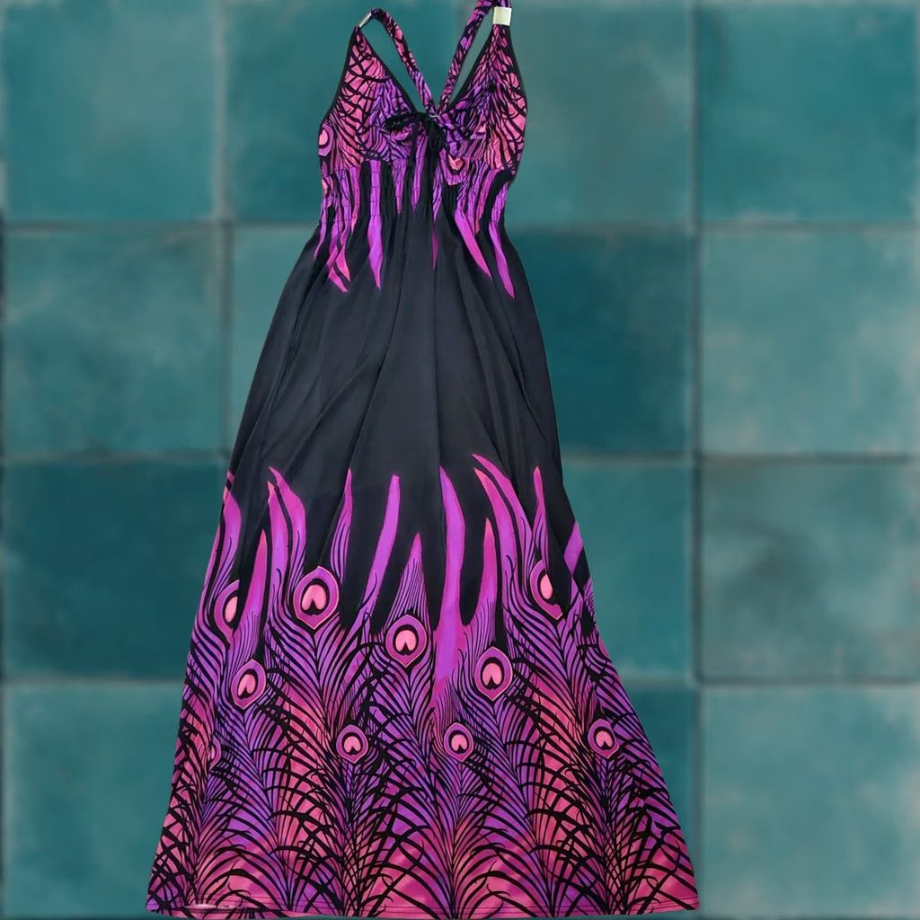Vintage Ace Fashion Womens M Pink Black Peacock Print Halter Maxi Dress Size M / US 6-8 / IT 42-44 - 1 Thumbnail