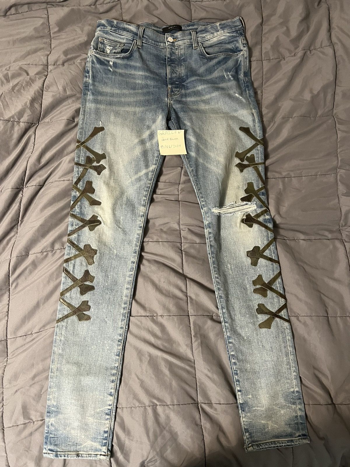 Image of Amiri Blue Camouflage Stacked Bones Jeans, Men's (Size 36)