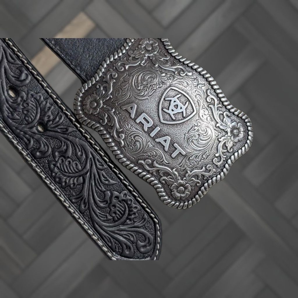 Ariat VINTAGE ARIAT belt Western Belt 34 black Leather tooled scrolling 1-3/8" 34 Mens Size 34 - 1 Thumbnail