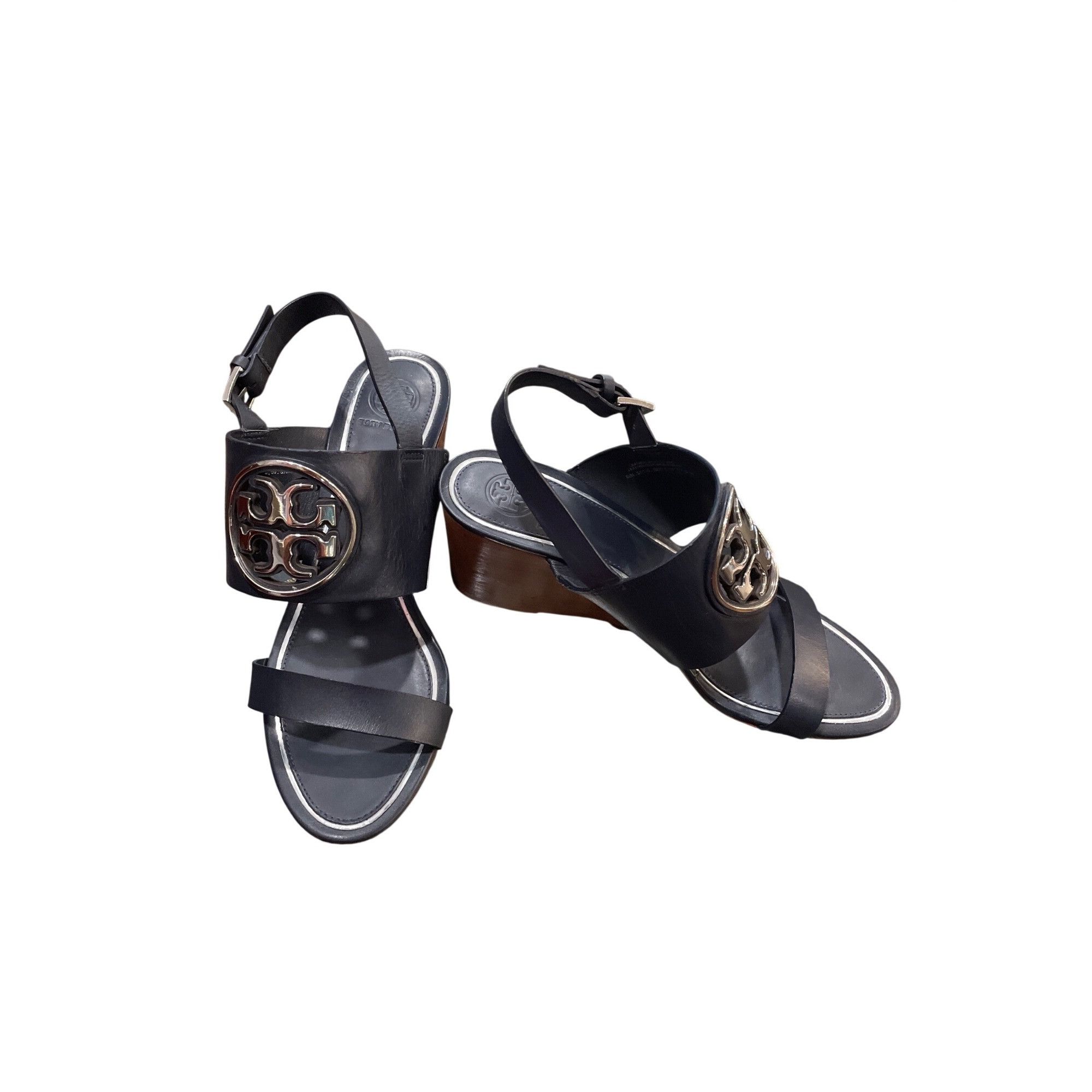 Tory Burch Tory Burch wms black leather 3" open sling back wedge shoes Size US 8.5 / IT 38.5 - 1 Thumbnail