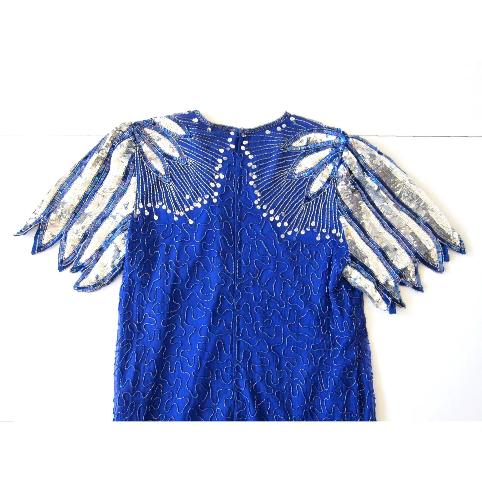 Vintage VINTAGE Laurence Kazar 100% Silk Blue Silver Beaded Sequin Short Sleeve Tunic Dress 1X Size 40" / US 18 - 5 Thumbnail