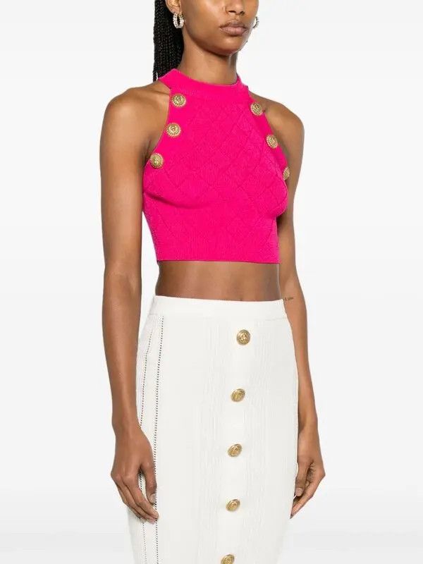 Balmain o1s1wg110825 Lion Head Buttons Cropped Tank Top in Pink Size S / US 4 / IT 40 - 3 Thumbnail
