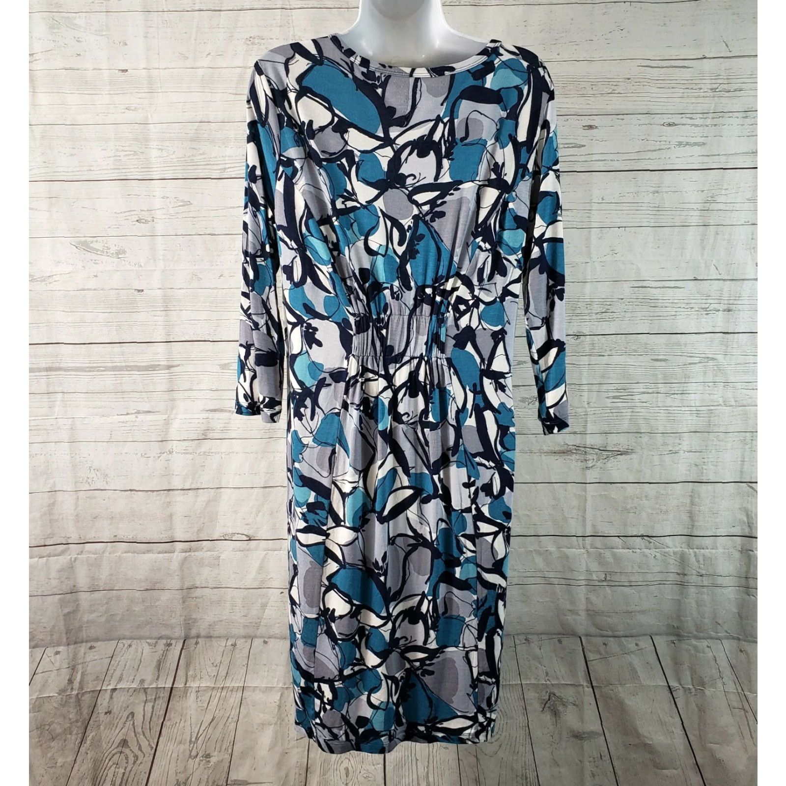 Vintage LOGO Instant Chic Womens Printed Knit Dress 3/4 Sleeve Sz Small Blue Gray | Pullover Sheath Knit Rayon Blend Dress Length Knee Length Mens? Size S / US 4 / IT 40 - 4 Thumbnail