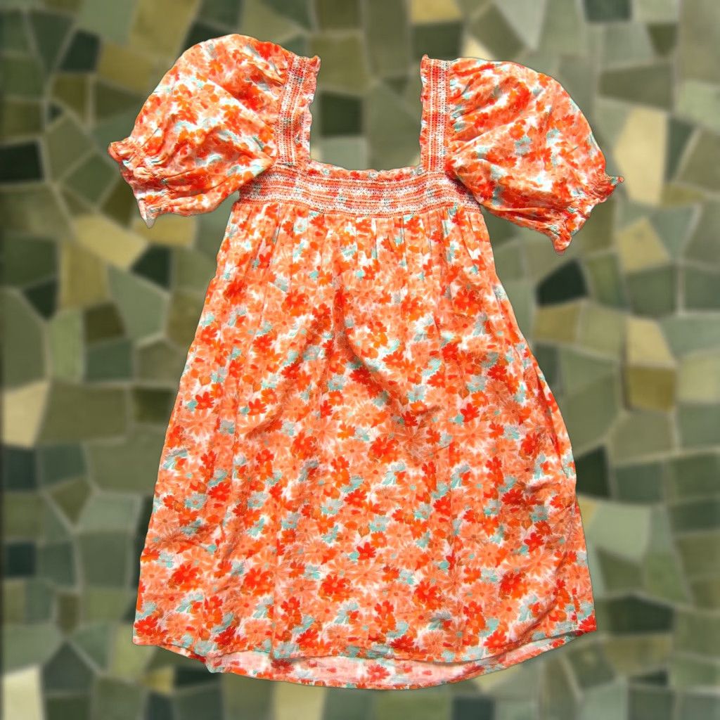 Vintage VINTAGE Something Navy Orange Blue White Floral Puff Sleeve Pocket Smock Mini Dress S Size S / US 4 / IT 40 - 1 Thumbnail