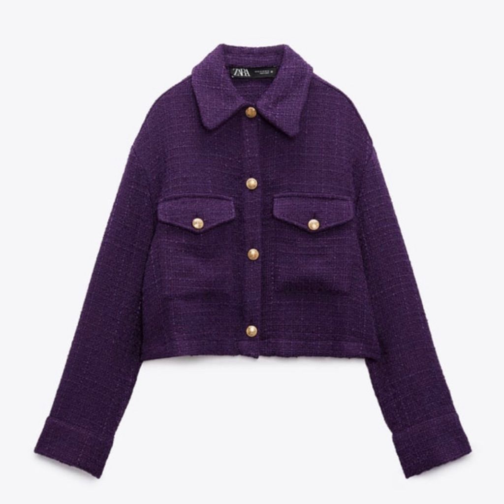 Zara Zara Cropped Tweed Purple Jacket Size S / US 4 / IT 40 - 1 Thumbnail