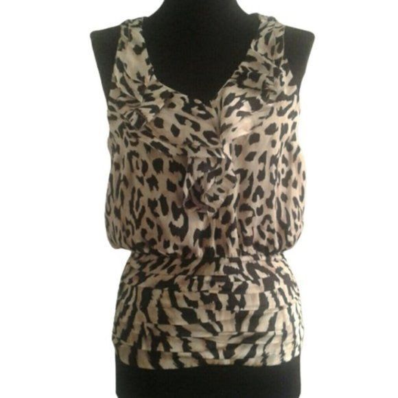 White House Black Market WHBM XS Blouse Leopard Print Sleeveless Ruffled Neckline Smo Size XS / US 0-2 / IT 36-38 - 1 Thumbnail