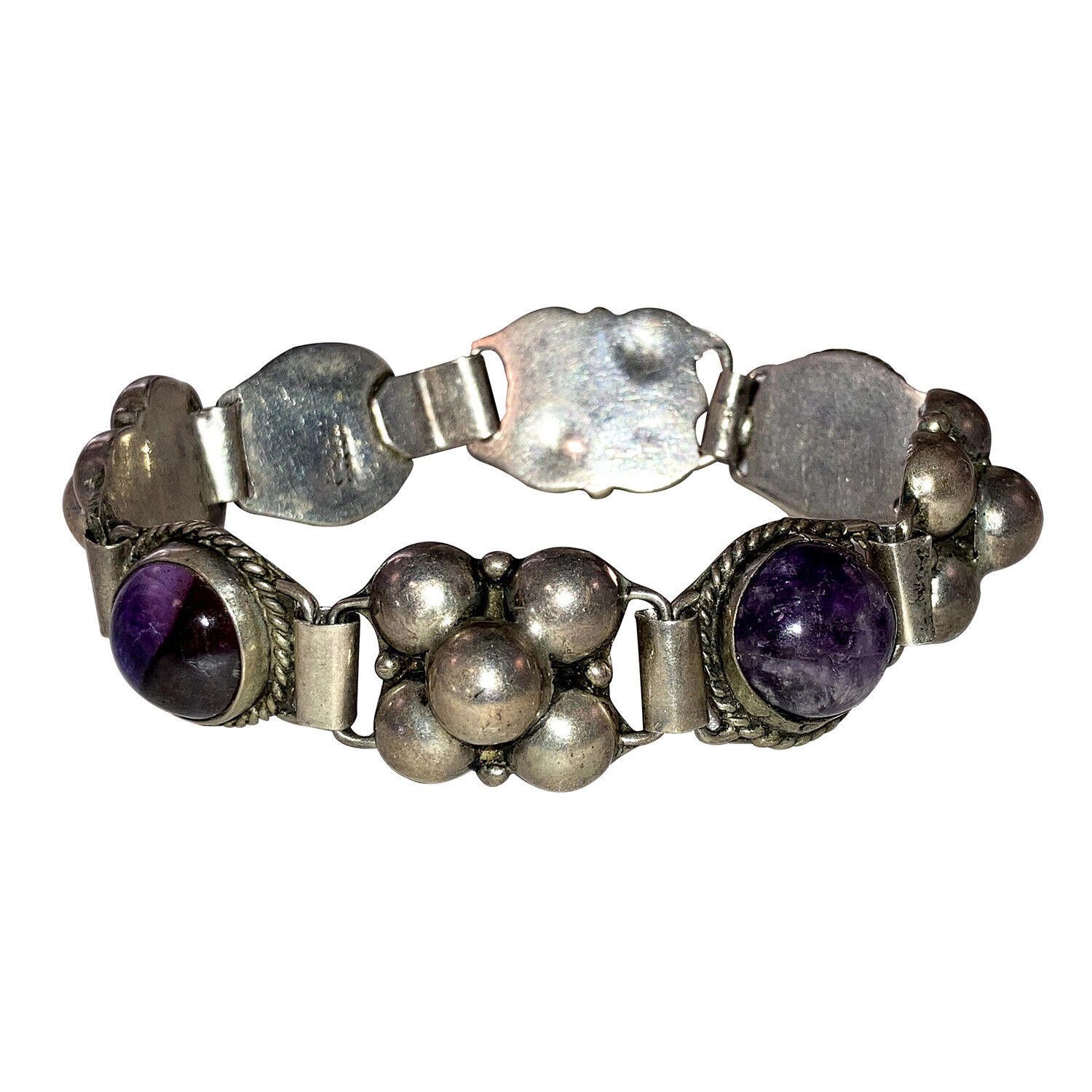 Handmade Mexican Sterling Silver Hand Made Amethyst Cabochon Bracelet Size ONE SIZE - 1 Thumbnail