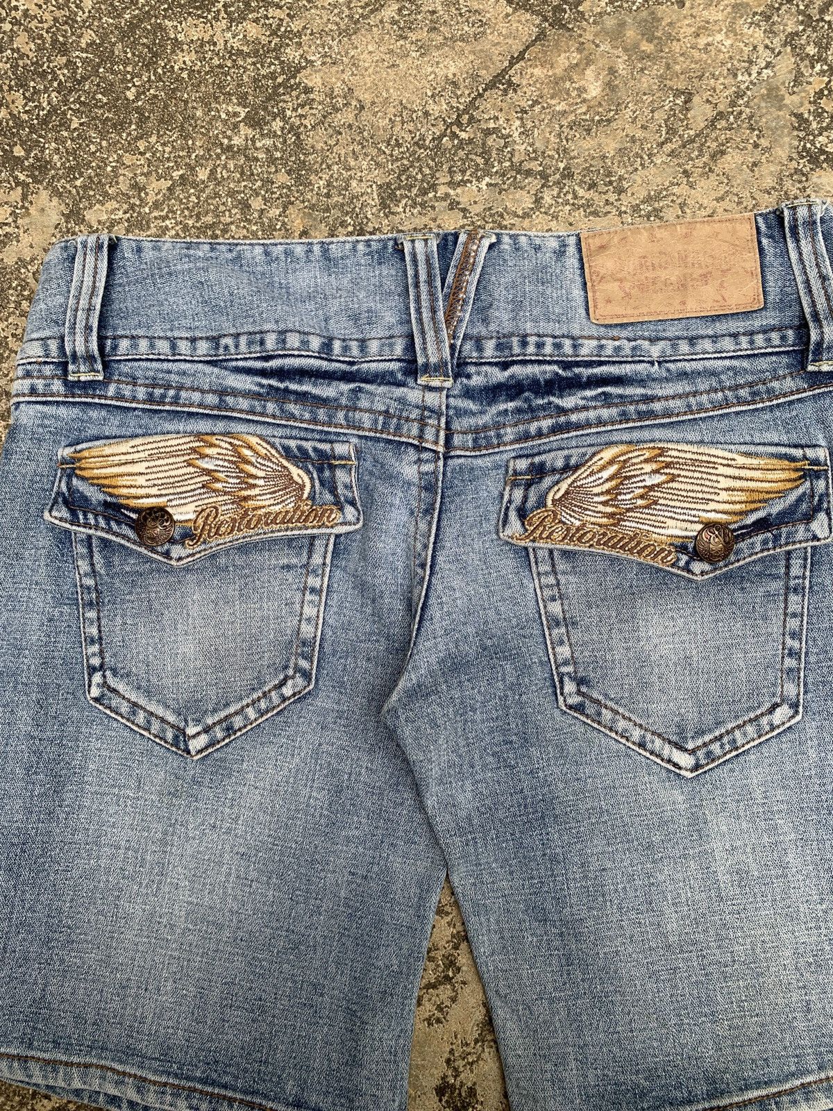 Japanese Brand × Vintage y2k Heaven Wings Skull Motorcycles Big Embroidery Jorts Size 31" - 5 Thumbnail